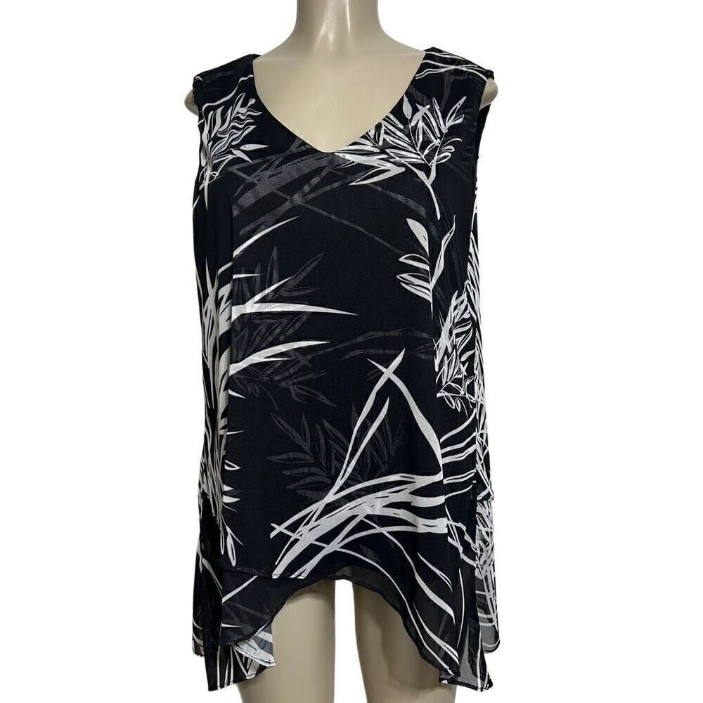 Sleeveless Black & White V-Neck Floral Tunic Top #1892